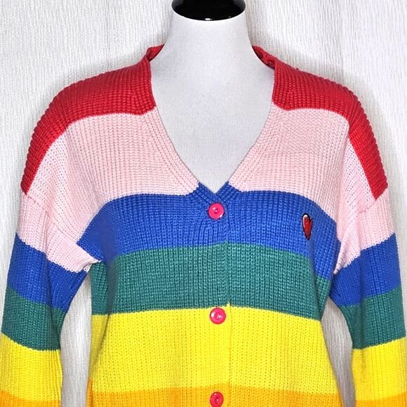 Rainbow Stripe Applique Heart Boring V-Neck Long Sleeve Knit Cardigan Sweater - Picture 2 of 10